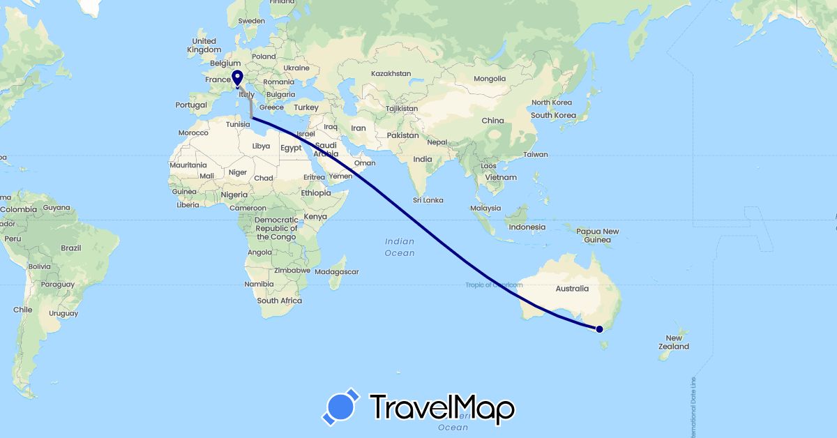 TravelMap itinerary: driving, plane in Australia, Italy, Malta (Europe, Oceania)